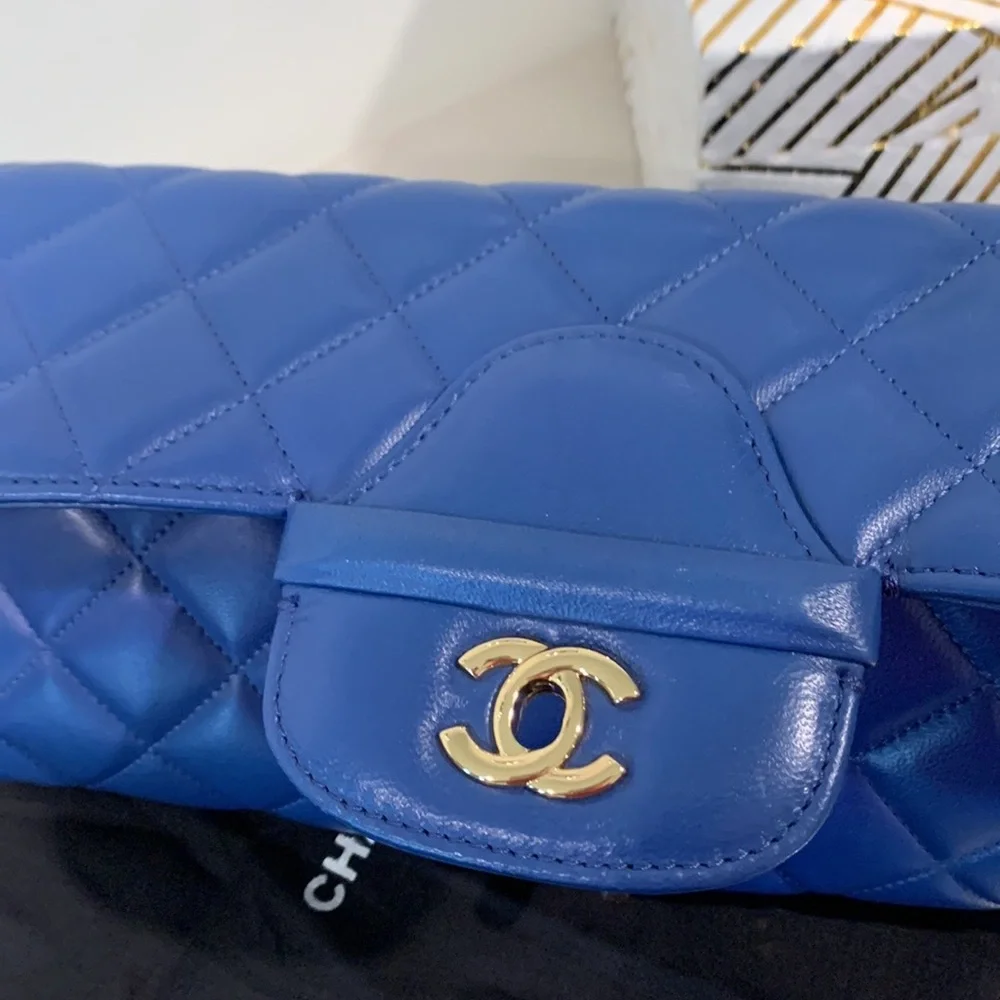 Chanel Blue Quilted Lambskin Clutch with Gold CC Turnlock